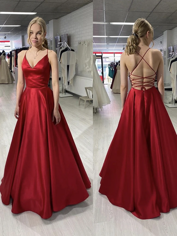 V Neck Burgundy Backless Satin Long Prom Dresses,  V Neck Burgundy Open Back Long Formal Evening Graduation Dresses