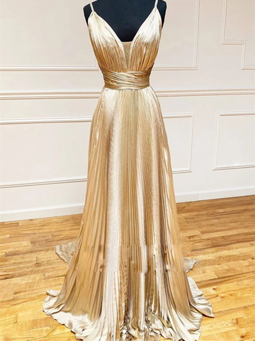 V Neck Champagne Satin Long Prom Dresses, Champagne Long Formal Evening Graduation Dresses