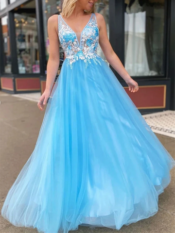 V Neck Backless Lace Appliques Blue Long Prom Dresses, Open Back Lace Floral Blue Formal Graduation Evening Dresses