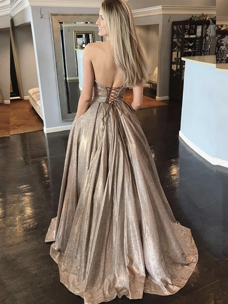 Sweetheart Neck Champagne Long Prom Dresses,  Champagne Strapless Long Formal Evening Dresses