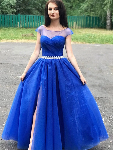 Round Neck Cap Sleeves Blue Prom Dresses, Cap Sleeves Long Blue Formal Graduation Evening Dresses