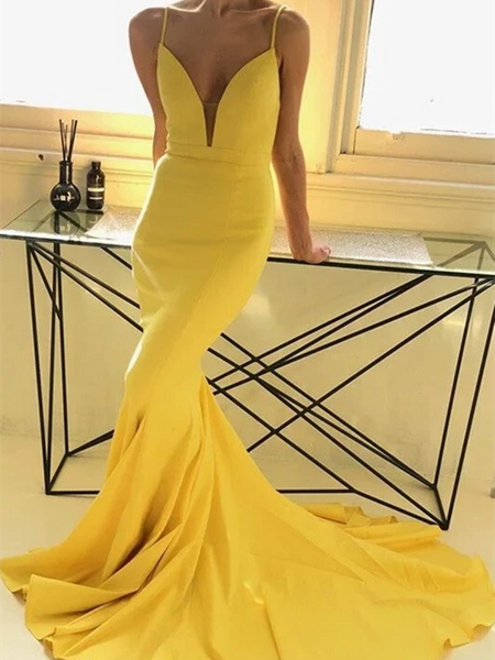 Daisy Yellow Mermaid Plunging Neckline Prom Dresses, Mermaid Yellow Satin Long Formal Evening Dresses