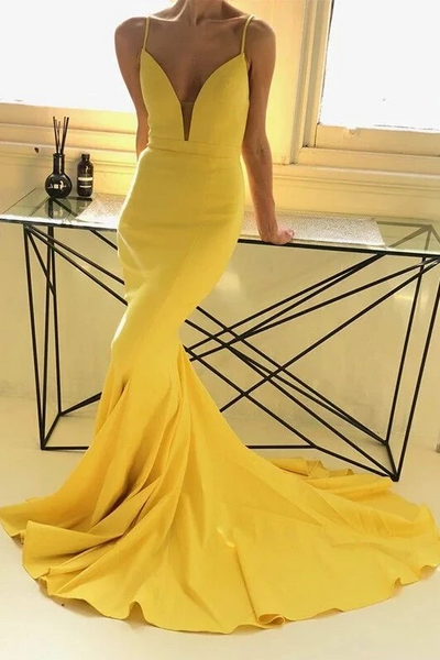 Daisy Yellow Mermaid Plunging Neckline Prom Dresses, Mermaid Yellow Satin Long Formal Evening Dresses