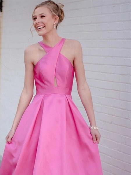 A Line Hot Pink Backless Long Prom Dresses, V Neck Hot Pink Long Formal Evening Graduation Dresses