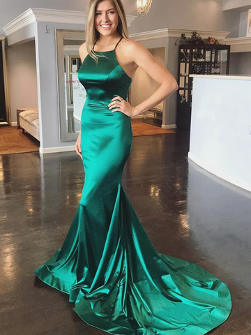 Elegant Green Mermaid Backless Satin Long Prom Dresses with Sweep Train, Green Formal Evening Dresses 2021 with Cross Back