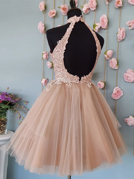 Open Back Halter Neck Pink Lace Short Prom Dresses, Halter Neck Short Pink Lace Formal Homecoming Dresses