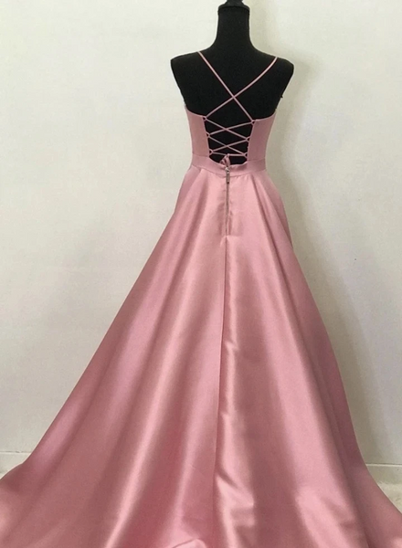 Simple V Neck Pink Satin Long Prom Dresses With Pockets, Simple V Neck Pink Satin Long Formal Evening Dresses