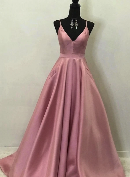 Simple V Neck Pink Satin Long Prom Dresses With Pockets, Simple V Neck Pink Satin Long Formal Evening Dresses