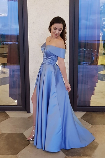 Unique A line Blue Off the Shoulder Satin Long Prom Dresses With High Slit , Off Shoulder Blue Long Satin Formal Evening Dresses