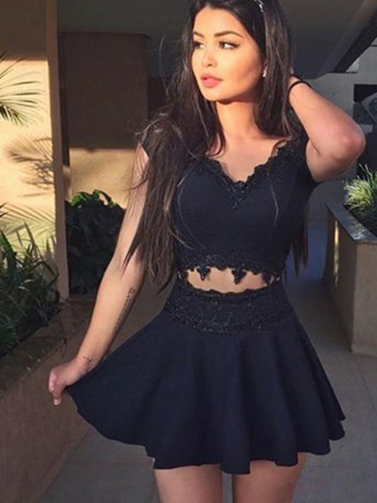 V neck black Cap Sleeves homecoming dresses, V neck lace appliques short prom dress 