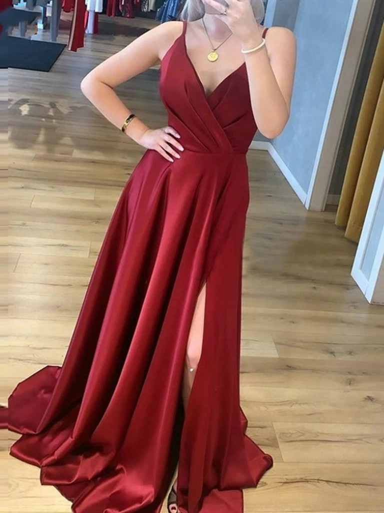 V Neck Burgundy Satin Long Prom Dresses With Leg Slit, V Neck Wine Red Satin Long Formal Evening Dresses