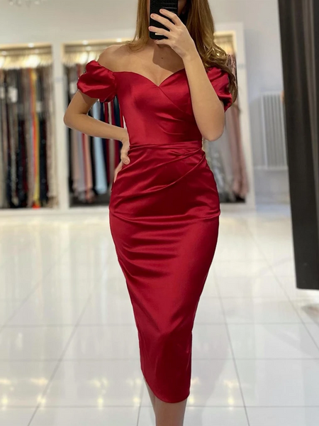 Burgundy  Mermaid Off the Shoulder Tea Length Prom Dresses,  Off Shoulder Wine Red Tea Length Satin Formal Evening Dresses