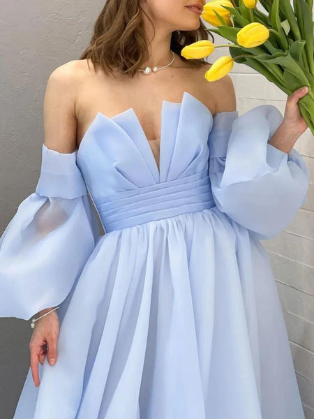 Long Sleeves Light Blue Long Prom Dresses, Light Blue Long Formal Evening Dresses