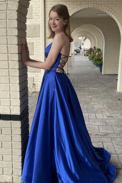 Simple V Neck  Blue Backless Satin Long Prom Dresses With Pockets, Simple V Neck  Blue Backless Satin Long Formal Graduation Evening Dresses