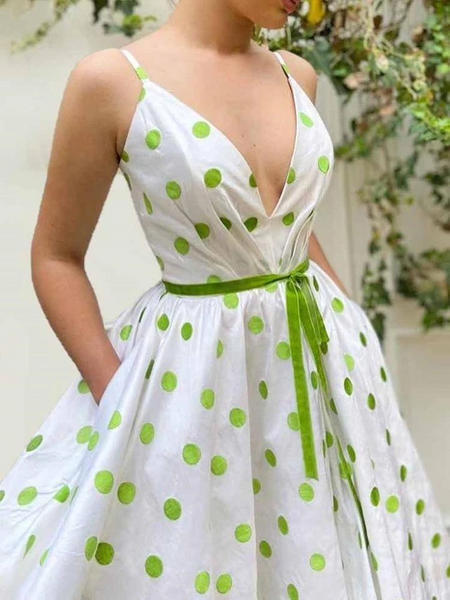 A Line V Neck Green Dot Long Prom Dresses, Green Dot Long Formal Evening Dresses