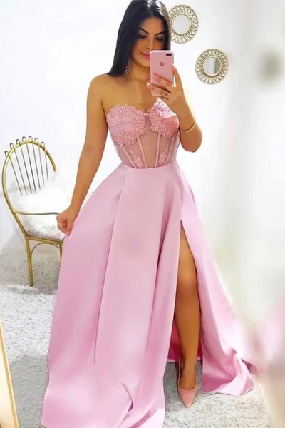 Modest A Line Sweetheart Neck Pink Prom Dresses With Leg Split, Pink Long Formal Evening Dresses