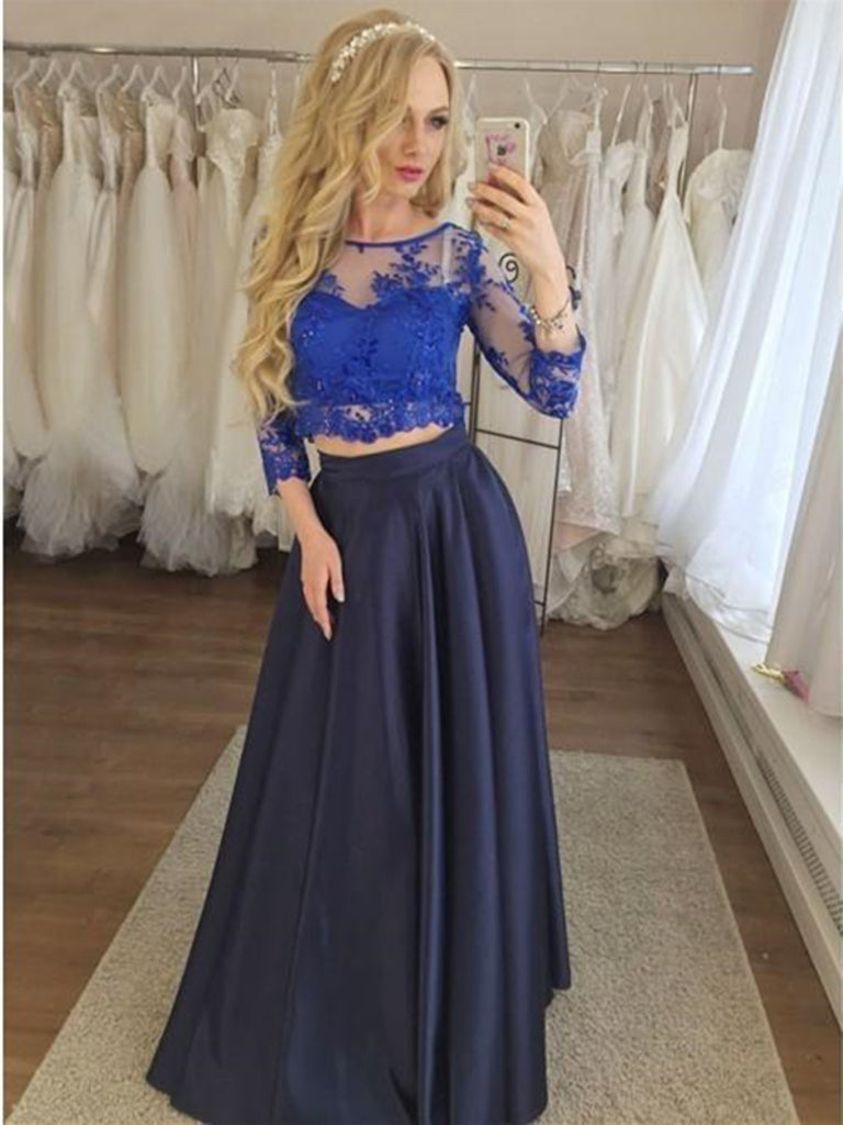 Round Neck Dark Blue Two Piece  3/4 Sleeves Prom Dress with Appliques, 2 Pieces Dark Blue Evening Dress