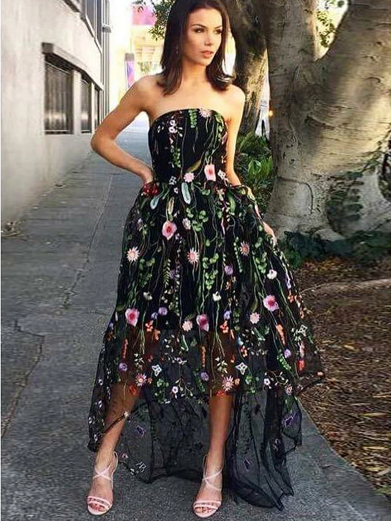 A Line Strapless Lace High Low Black Appliques Prom Dresses, Lace Black High Low Appliques Formal Evening Dresses