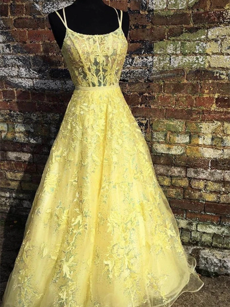 Custom Made Backless Yellow Lace Floral Long Prom Dresses, Open Back Yellow Lace Formal Graduation Evening Homecoming Dresses