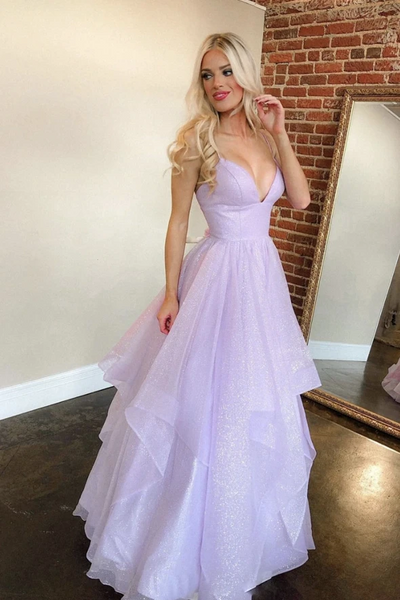 V Neck Purple Tulle Long Prom Dresses, V Neck Purple Tulle Long Formal Evening Dresses