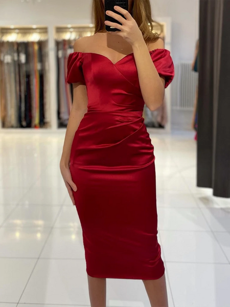 Burgundy  Mermaid Off the Shoulder Tea Length Prom Dresses,  Off Shoulder Wine Red Tea Length Satin Formal Evening Dresses