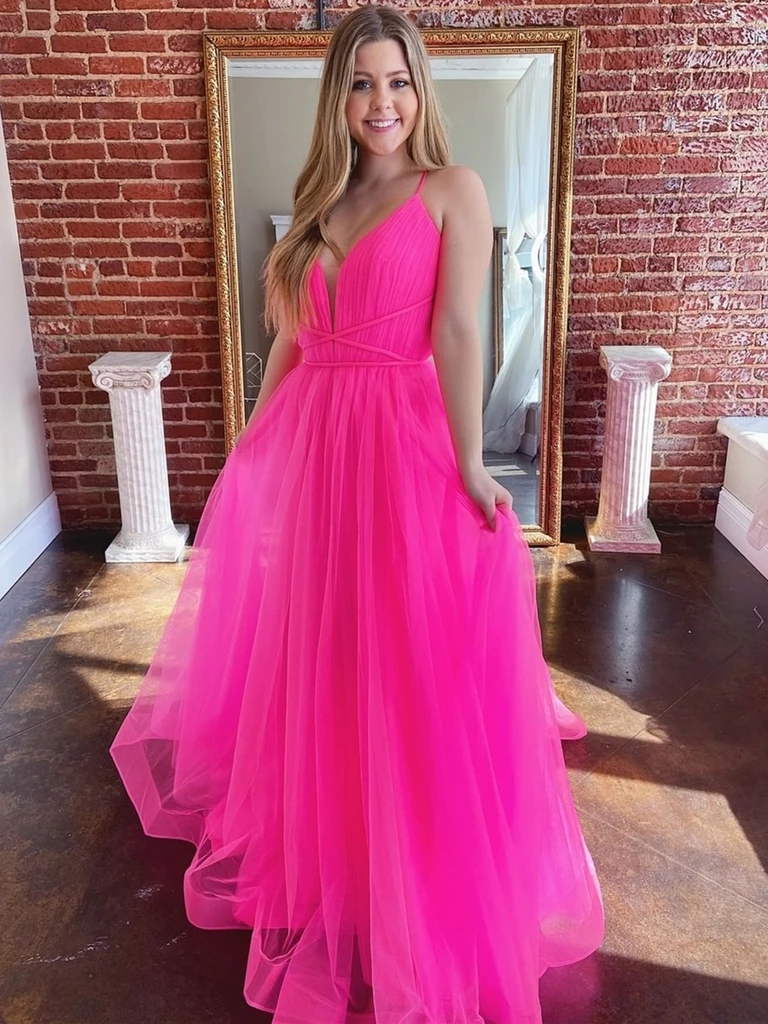 Stylish Deep V Neck Backless Hot Pink Long Prom Dresses, Open Back Hot Pink Formal Graduation Evening Dresses