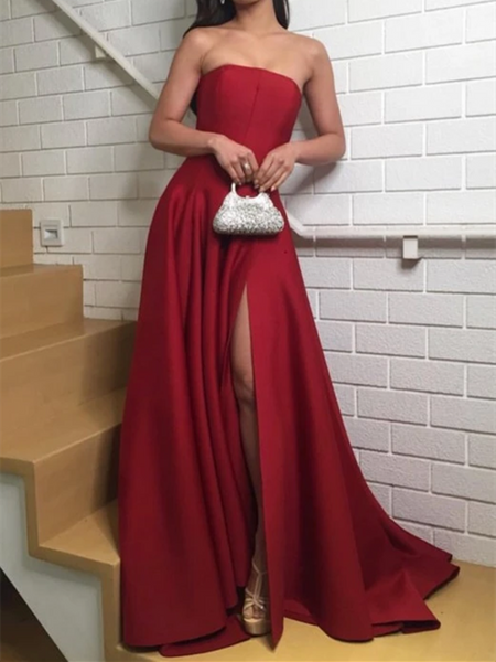 Strapless Satin Dark Red Prom Dresses with Slit Side, Red Satin Long Formal Evening Dresses