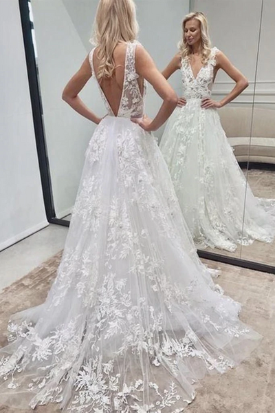 V Neck and V Back White Lace Long Wedding Dresses,  White Lace Long Prom Dresses, White Lace Formal Evening Dresses