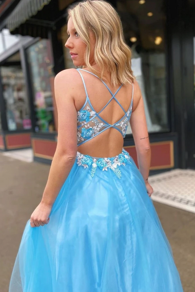 V Neck Backless Lace Appliques Blue Long Prom Dresses, Open Back Lace Floral Blue Formal Graduation Evening Dresses