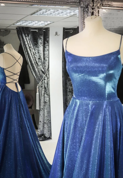 Simple A Line Blue Backless Long Prom Dresses, Open Back Blue Long Formal Evening Dresses