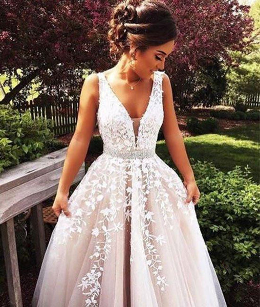 Elegant A Line V Neck Lace Wedding Dresses, Lace Prom Dresses, Formal Dresses