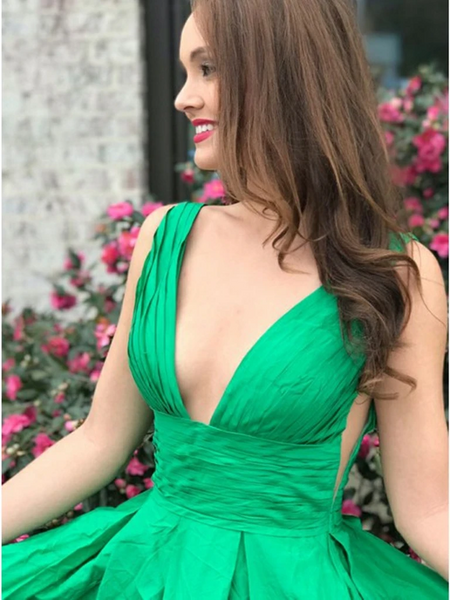 Sexy A Line V Neck Green Long Prom Dresses with Pleats, Green V Neck Formal Evening Party Dresses