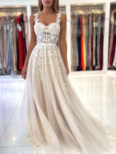 Champagne A Line Lace Long Prom Dresses, Champagne Formal Evening Dresses