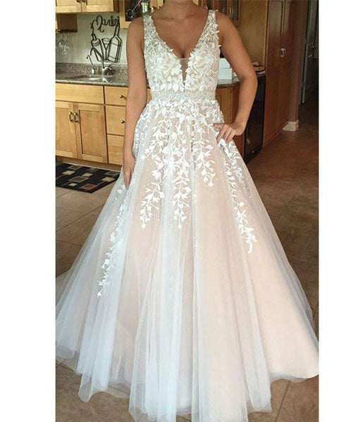 Elegant A Line V Neck Lace Wedding Dresses, Lace Prom Dresses, Formal Dresses