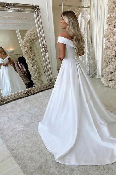 Off Shoulder White Satin Long Prom Dresses, Off the Shoulder White Formal Dresses, White Evening Dresses