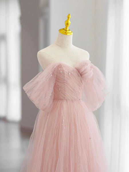 Off Shoulder Pink Tulle Long Prom Dress, Beautiful A Line Off Shoulder Formal Evening Dress