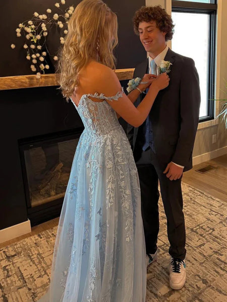 Off Shoulder Light Blue Lace Long Prom Dresses with High Slit, Light Blue Lace Formal Dresses, Tulle Evening Dresses