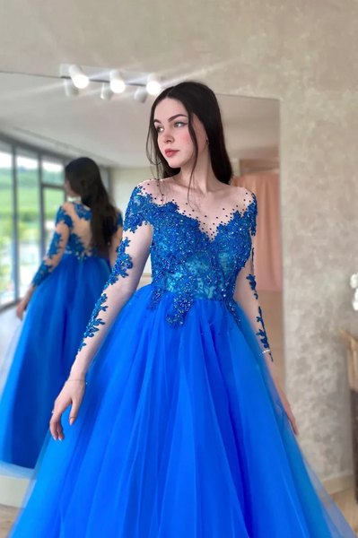 A Line Blue Tulle Lace Long Sleeves Long Prom Dresses, A Line Blue Tulle Lace Long Sleeves Long Formal Evening Dresses