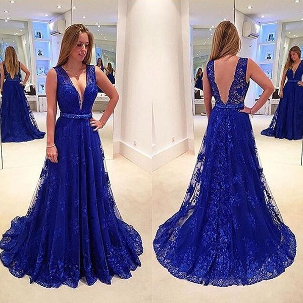 Royal Blue A Line V Neck Sweep Train Lace Prom Dress, Royal Blue Lace Formal Dress