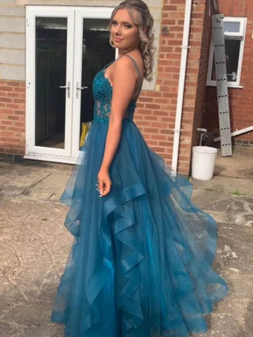 V Neck Fluffy Blue Lace Long Prom Dresses, Blue Lace Formal Dresses, Blue Evening Dresses