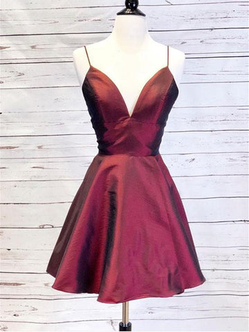 Burgundy v neck short prom dress, Burgundy short graduation homecoming dress