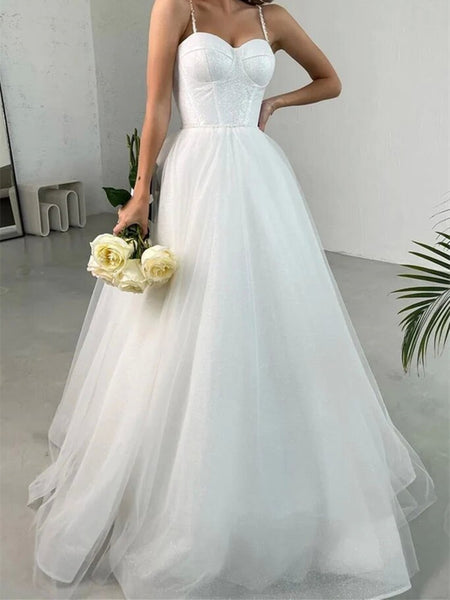 Shiny Tulle Sweetheart Neck White Long Prom Dresses, Long White Formal Graduation Evening Dresses