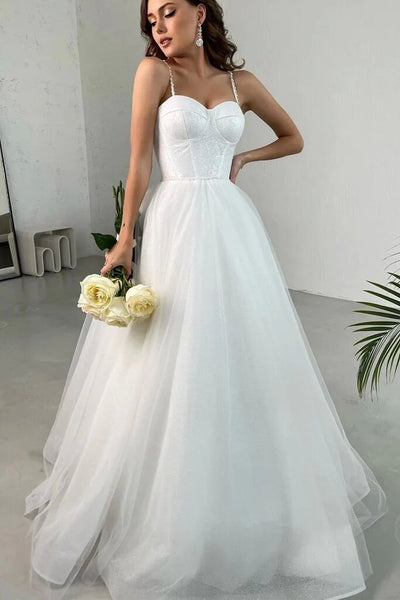 Shiny Tulle Sweetheart Neck White Long Prom Dresses, Long White Formal Graduation Evening Dresses