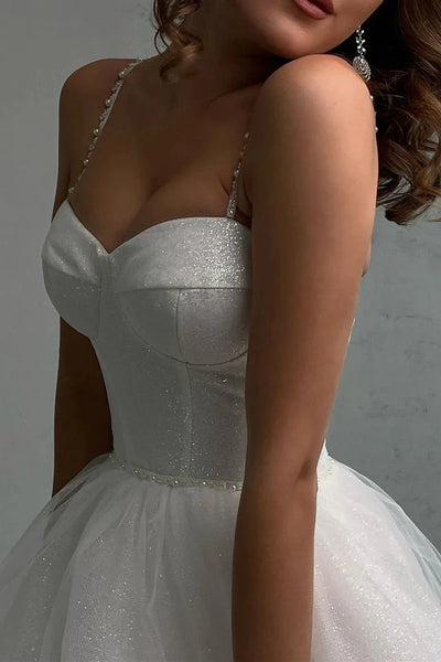 Shiny Tulle Sweetheart Neck White Long Prom Dresses, Long White Formal Graduation Evening Dresses