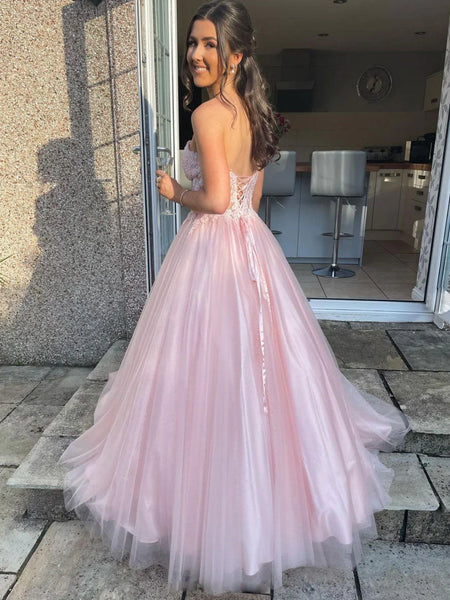 A Line Sweetheart Neck Tulle Lace Long Prom Dress, Pink Formal Evening Dress