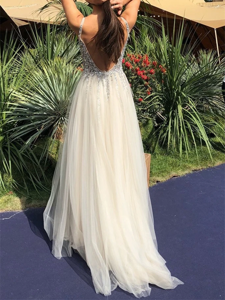 A Line V Neck Backless Tulle Beaded Ivory Long Prom Dresses, Ivory Beaded Open Back Formal Evening Dresses