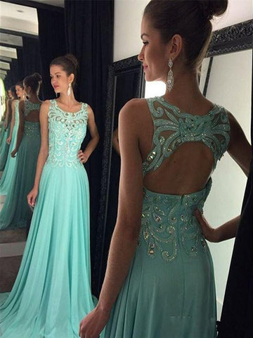 Custom Made A Line Round Neck Mint Green Backless Prom Dresses, Mint Green Backless Formal Dresses