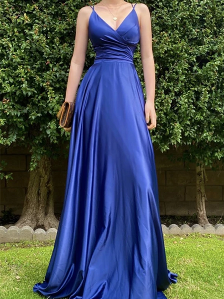 V Neck Blue Backless Satin Long Prom Dresses, Blue Backless Formal Evening Party Dresses