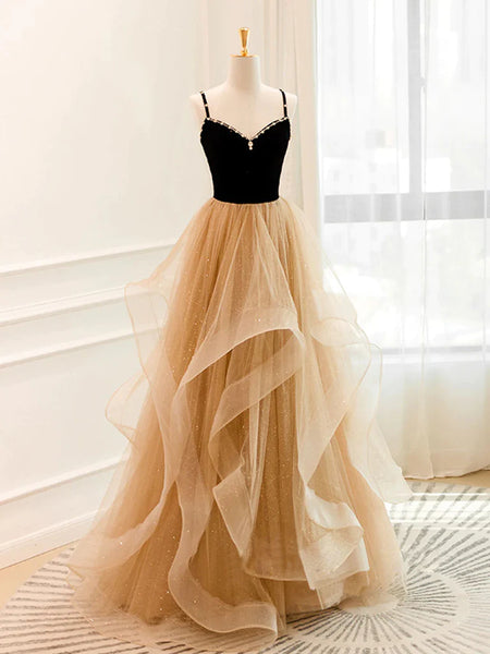 V Neck Open Back Black Champagne Long Prom Dresses, Black Champagne Long Formal Evening Dresses