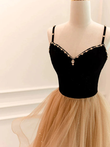 V Neck Open Back Black Champagne Long Prom Dresses, Black Champagne Long Formal Evening Dresses